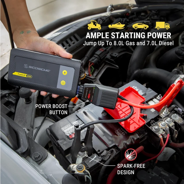 Alt view image 3 of 7 - Scosche PBJ2000 Portable Car Battery Jump Starter, 12V Jump Box, 2000A Battery Booster, Jumper Cables Kit for Car (8.0L Gasoline/7.0L Diesel Engines) 30W Fast Charge Power Pack & Charger w/LED Light