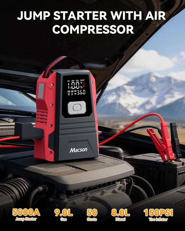 Alt view image 2 of 7 - 5000A Jump Starter with Air Compressor - Portable 12V Jump Box Battery Pack for 9.0L Gas/8.0L Diesel Engines, Car Jumper Starter Portable with 150PSI Tire Inflator, LED Screen, Fold-Up LED Flashlight