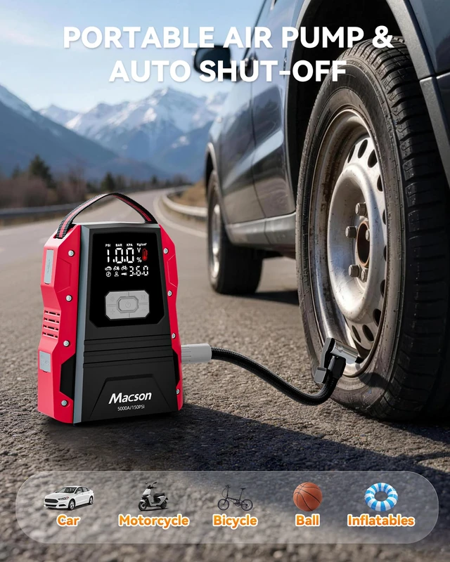 Alt view image 3 of 7 - 5000A Jump Starter with Air Compressor - Portable 12V Jump Box Battery Pack for 9.0L Gas/8.0L Diesel Engines, Car Jumper Starter Portable with 150PSI Tire Inflator, LED Screen, Fold-Up LED Flashlight