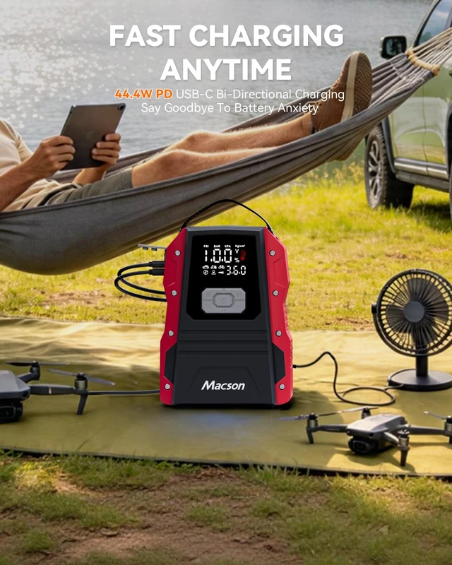 Alt view image 4 of 7 - 5000A Jump Starter with Air Compressor - Portable 12V Jump Box Battery Pack for 9.0L Gas/8.0L Diesel Engines, Car Jumper Starter Portable with 150PSI Tire Inflator, LED Screen, Fold-Up LED Flashlight