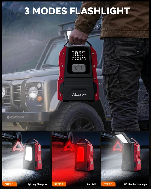 Alt view image 5 of 7 - 5000A Jump Starter with Air Compressor - Portable 12V Jump Box Battery Pack for 9.0L Gas/8.0L Diesel Engines, Car Jumper Starter Portable with 150PSI Tire Inflator, LED Screen, Fold-Up LED Flashlight