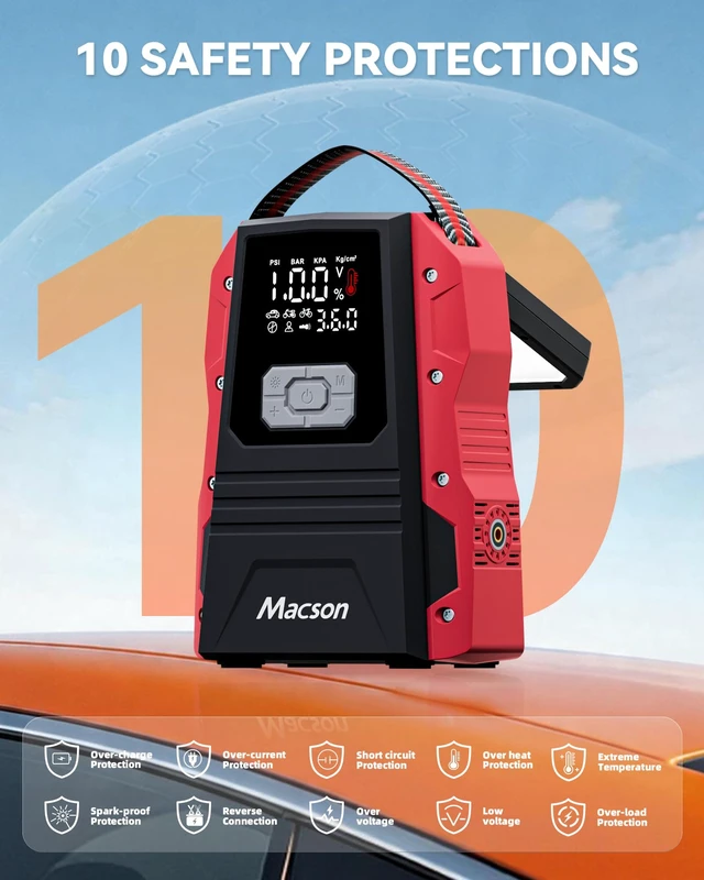 Alt view image 6 of 7 - 5000A Jump Starter with Air Compressor - Portable 12V Jump Box Battery Pack for 9.0L Gas/8.0L Diesel Engines, Car Jumper Starter Portable with 150PSI Tire Inflator, LED Screen, Fold-Up LED Flashlight