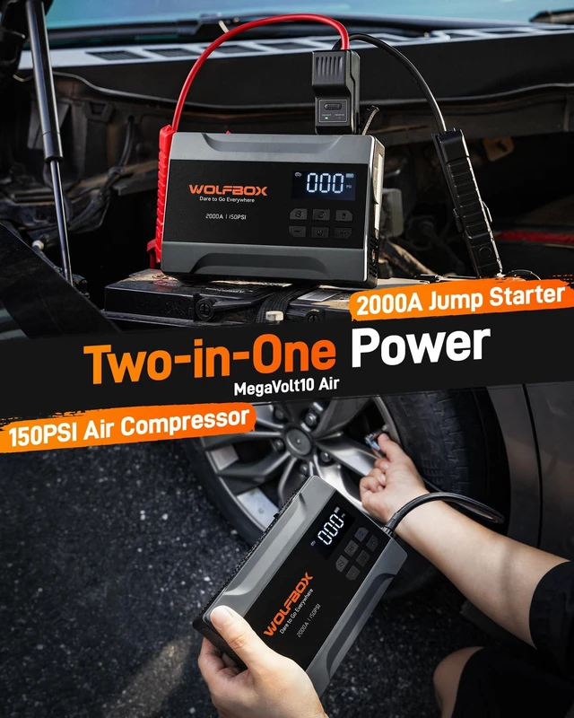 Alt view image 2 of 7 - MV10A 2000A Jump Starter with Air Compressor, Portable 12V Jump Box | Car Battery Booster Power Pack (5L Gas/3L Diesel), Spark-Proof, 150PSI Tire Inflator, Power Bank, Jumper Cables & LED Light
