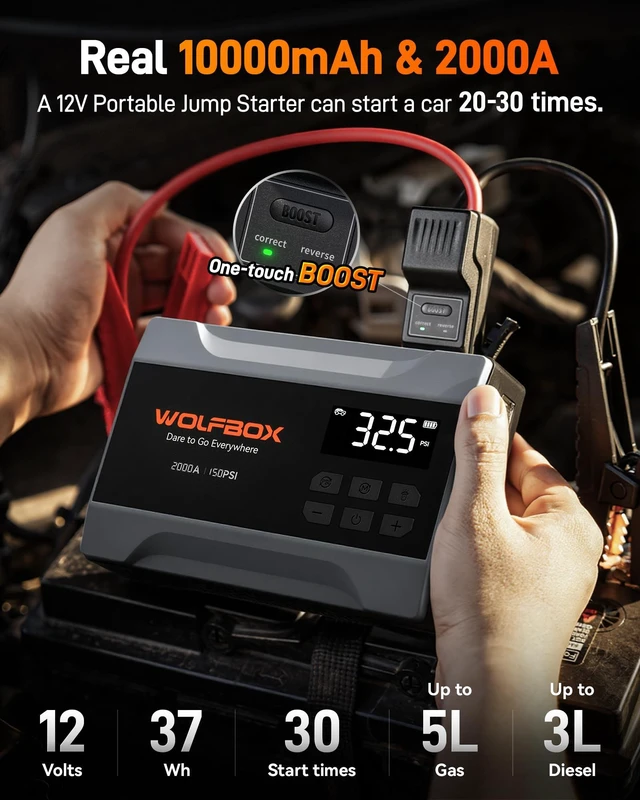 Alt view image 3 of 7 - MV10A 2000A Jump Starter with Air Compressor, Portable 12V Jump Box | Car Battery Booster Power Pack (5L Gas/3L Diesel), Spark-Proof, 150PSI Tire Inflator, Power Bank, Jumper Cables & LED Light
