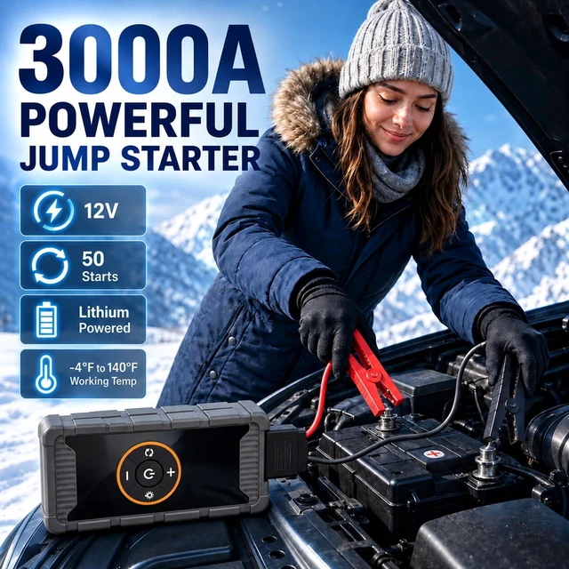 Alt view image 2 of 7 - 3000A Jump Starter with Air Compressor, 150 PSI Portable Tire Inflator | 12V Jump Box for Car Battery with Smart Clamps, PD 65W Fast Charging, LED Light & Display for Car Truck SUV Motorcycle