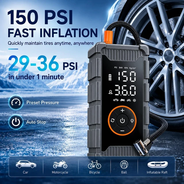 Alt view image 3 of 7 - 3000A Jump Starter with Air Compressor, 150 PSI Portable Tire Inflator | 12V Jump Box for Car Battery with Smart Clamps, PD 65W Fast Charging, LED Light & Display for Car Truck SUV Motorcycle
