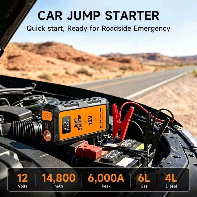 Alt view image 4 of 7 - 6000A Car Jump Starter, Battery Jump Starter Portable for 6L Gas Engines,12V Battery Jump Box with Jumper Cables, Power Bank with USB Type-C Ports
