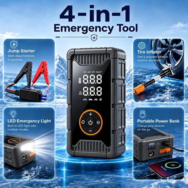 Alt view image 7 of 7 - 3000A Jump Starter with Air Compressor, 150 PSI Portable Tire Inflator | 12V Jump Box for Car Battery with Smart Clamps, PD 65W Fast Charging, LED Light & Display for Car Truck SUV Motorcycle