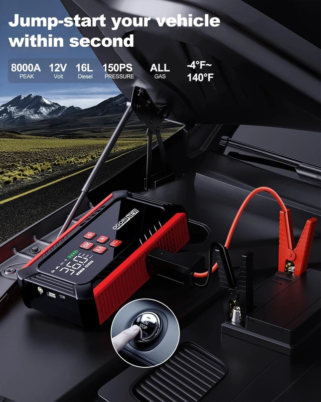 Alt view image 2 of 7 - 8000A Jump Starter with Air Compressor, 26800mAh Car Battery Jump Starter (All Gas/16.0L Diesel) with 150PSI Auto-Shutoff Tire Inflator, 12V Jump Box with Booster, Jumper Cables, Cigarette Lighter