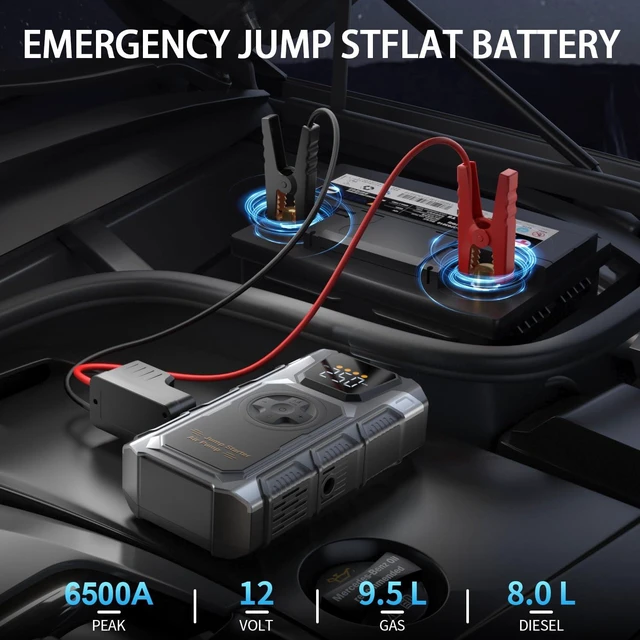 Alt view image 2 of 7 - Jump Starter with Air Compressor, 6500A Portable Car Battery Booster | 150PSI Auto-Shutoff Tire Inflator, 12V Jump Box with Jumper Cables, Smart Clamps, LED Lights for 9.5L Gas/8L Diesel