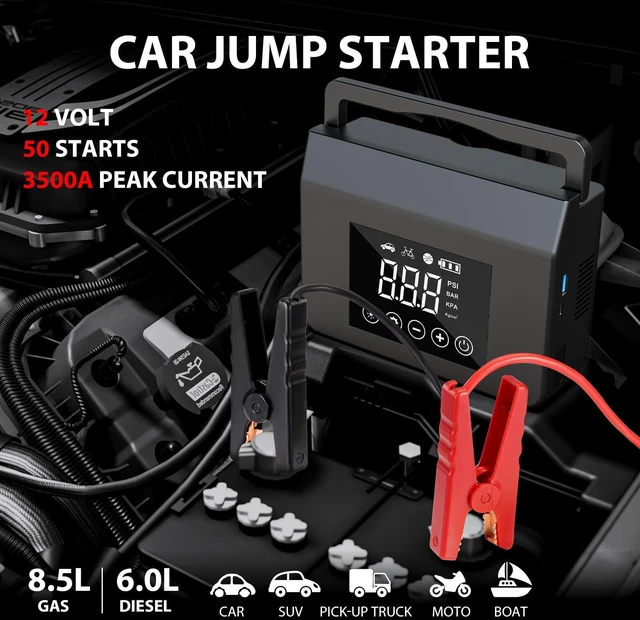Alt view image 2 of 7 - 4000A 12V Car Jump Starter with Air Compressor | Portable 150 PSI tire inflator with large LCD display and lights for car jump-starting and tire inflation