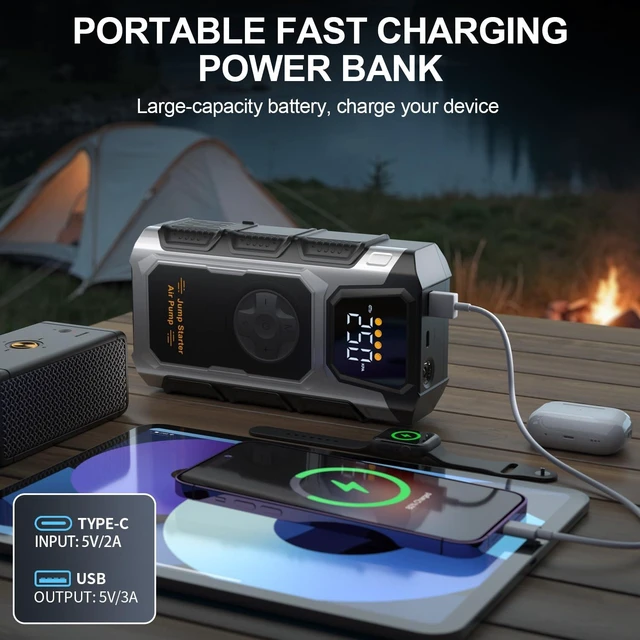 Alt view image 5 of 7 - Jump Starter with Air Compressor, 6500A Portable Car Battery Booster | 150PSI Auto-Shutoff Tire Inflator, 12V Jump Box with Jumper Cables, Smart Clamps, LED Lights for 9.5L Gas/8L Diesel