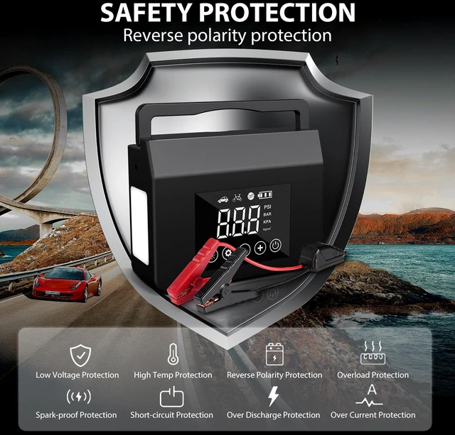 Alt view image 5 of 7 - 4000A 12V Car Jump Starter with Air Compressor | Portable 150 PSI tire inflator with large LCD display and lights for car jump-starting and tire inflation