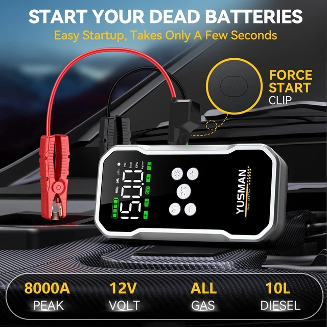 Alt view image 2 of 7 - Jump Starter with Air Compressor, 8000A 160PSI Battery Booster Pack | Portable car battery jump starter for all gas and 10L diesel engines, force-start clamps, EVA carrying case, and 2 LED lights