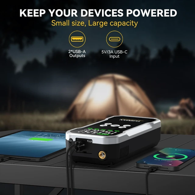 Alt view image 6 of 7 - Jump Starter with Air Compressor, 8000A 160PSI Battery Booster Pack | Portable car battery jump starter for all gas and 10L diesel engines, force-start clamps, EVA carrying case, and 2 LED lights