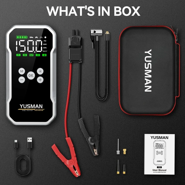 Alt view image 7 of 7 - Jump Starter with Air Compressor, 8000A 160PSI Battery Booster Pack | Portable car battery jump starter for all gas and 10L diesel engines, force-start clamps, EVA carrying case, and 2 LED lights