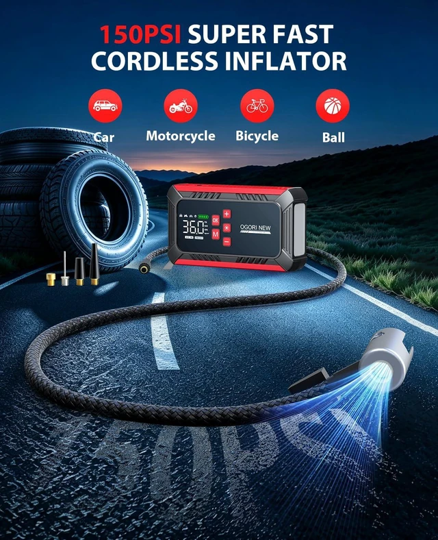 Alt view image 3 of 7 - 8000A Jump Starter with Air Compressor, 26800mAh Car Battery Jump Starter (All Gas/16.0L Diesel) with 150PSI Auto-Shutoff Tire Inflator, 12V Jump Box with Booster, Jumper Cables, Cigarette Lighter