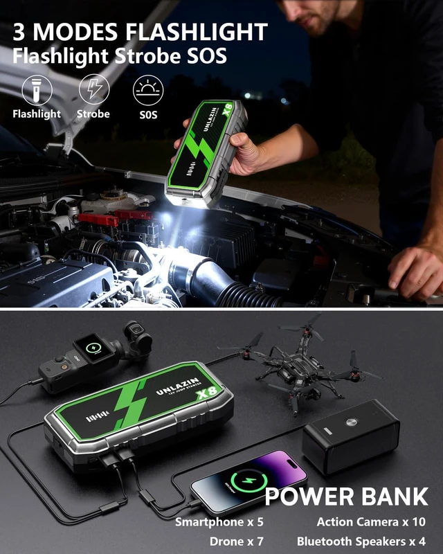 Alt view image 7 of 7 - X8 10000A Portable Jump Starter with Force Start, All Gas & Diesel Engines | 12V Car Starter Jump Box & Battery Starter Booster, QC 3.0 Quick Charge, LED Light, Passenger Car, RV, ATV, Motorcycle