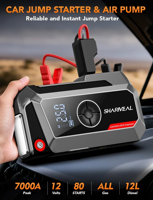Alt view image 2 of 7 - Sharmeal Jump Starter with Air Compressor, 7000A Car Battery Jump Starter (All Gas /12.0L Diesel), 200PSI Jump Starter Power Pack Portable 12V Jump Box with Jumper Cables, LED Light
