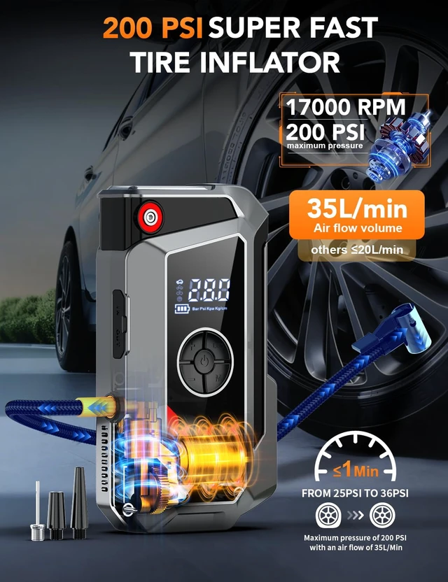 Alt view image 3 of 7 - Sharmeal Jump Starter with Air Compressor, 7000A Car Battery Jump Starter (All Gas /12.0L Diesel), 200PSI Jump Starter Power Pack Portable 12V Jump Box with Jumper Cables, LED Light