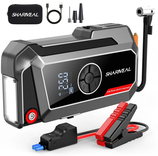 Main image of Sharmeal Jump Starter with Air Compressor, 7000A Car Battery Jump Starter (All Gas /12.0L Diesel), 200PSI Jump Starter Power Pack Portable 12V Jump Box with Jumper Cables, LED Light