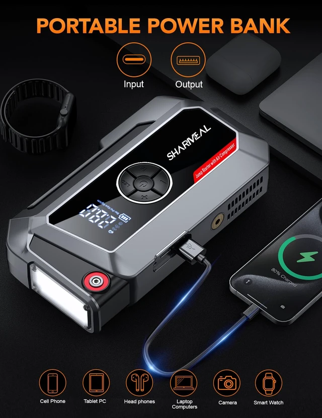 Alt view image 5 of 7 - Sharmeal Jump Starter with Air Compressor, 7000A Car Battery Jump Starter (All Gas /12.0L Diesel), 200PSI Jump Starter Power Pack Portable 12V Jump Box with Jumper Cables, LED Light