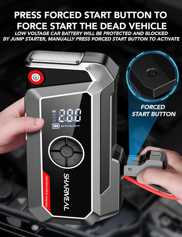 Alt view image 6 of 7 - Sharmeal Jump Starter with Air Compressor, 7000A Car Battery Jump Starter (All Gas /12.0L Diesel), 200PSI Jump Starter Power Pack Portable 12V Jump Box with Jumper Cables, LED Light