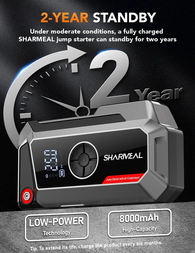 Alt view image 7 of 7 - Sharmeal Jump Starter with Air Compressor, 7000A Car Battery Jump Starter (All Gas /12.0L Diesel), 200PSI Jump Starter Power Pack Portable 12V Jump Box with Jumper Cables, LED Light