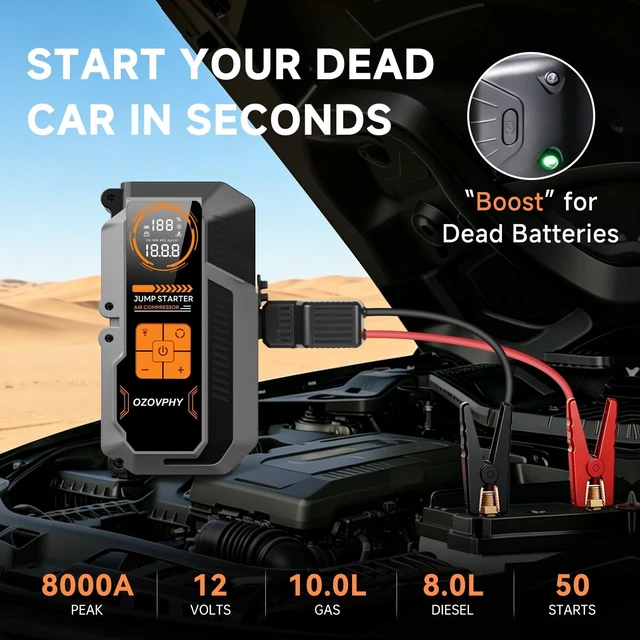 Alt view image 2 of 7 - 8000A Jump Starter with Air Compressor, 150 PSI Tire Inflator | Car Battery Jump Starter Pack, Portable Jump Starter for Up to 10.0L Gasoline and 8.0L Diesel Engines, with 600LM LED Light