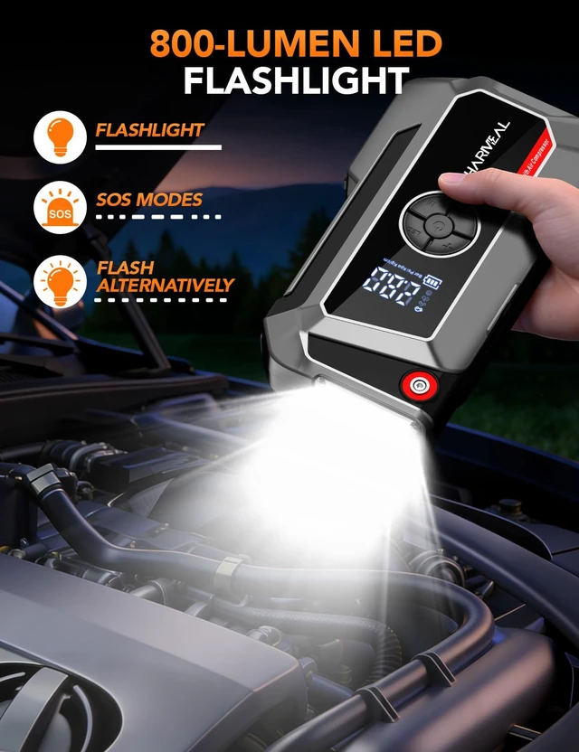 Alt view image 4 of 7 - Sharmeal Jump Starter with Air Compressor, 7000A Car Battery Jump Starter (All Gas /12.0L Diesel), 200PSI Jump Starter Power Pack Portable 12V Jump Box with Jumper Cables, LED Light