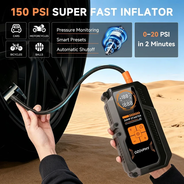 Alt view image 3 of 7 - 8000A Jump Starter with Air Compressor, 150 PSI Tire Inflator | Car Battery Jump Starter Pack, Portable Jump Starter for Up to 10.0L Gasoline and 8.0L Diesel Engines, with 600LM LED Light