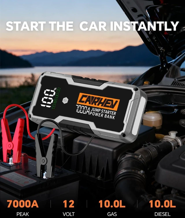 Alt view image 2 of 7 - CARHEV 7000A Car Battery Jump Starter, Car Jumper Starter Portable for Up to 10L Gas or Diesel Engines, 12V Jump Box with USB Output, Jumper Cables, LED Light