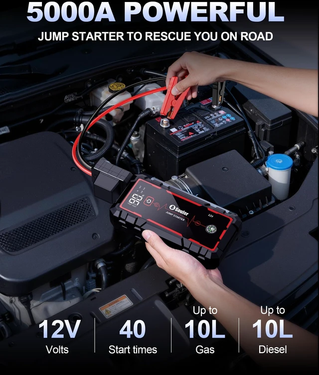 Alt view image 2 of 7 - Jump Starter Battery Jumper Starter Portable Car Battery Jump Starter 5000A | Jump Box with 3 Modes Flashlight, Compass, Power Bank, Gloves and 12V Jumper Cable Up to 10.0L Gas and 10.0L Diesel