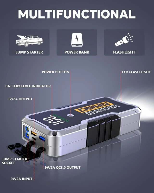 Alt view image 5 of 7 - CARHEV 7000A Car Battery Jump Starter, Car Jumper Starter Portable for Up to 10L Gas or Diesel Engines, 12V Jump Box with USB Output, Jumper Cables, LED Light