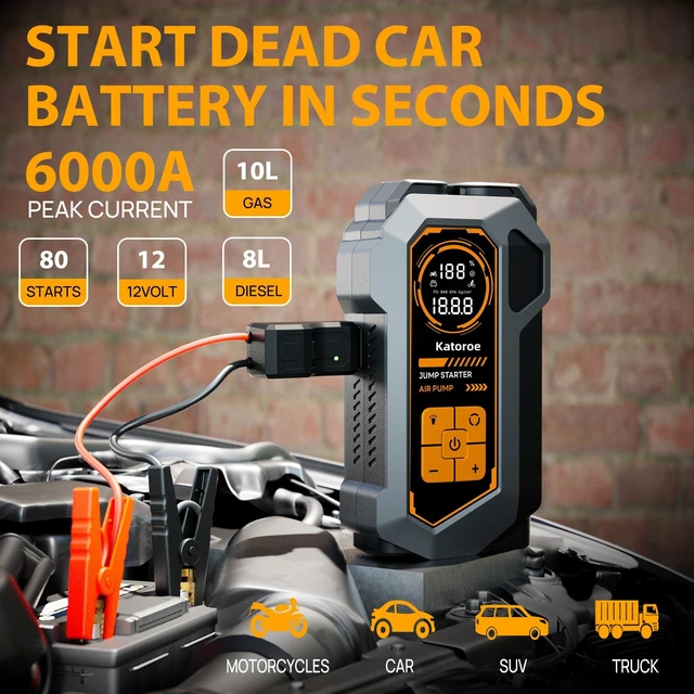 Alt view image 2 of 7 - 6000A Car Battery Jump Starter with Air Compressor 150PSI Tire Inflator | Battery Jumper Starter Portable (10L Gas/8L Diesel), 12V Jump Box with Jumper Cables, LED Light, Tire Inflator