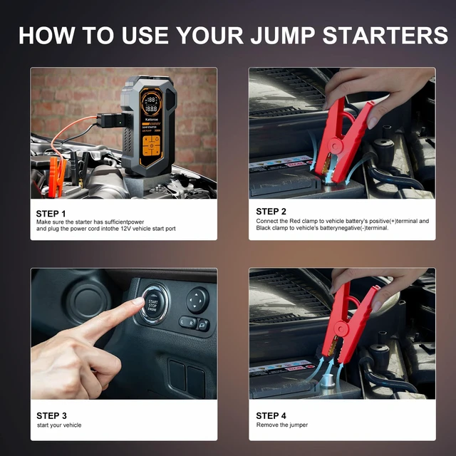 Alt view image 6 of 7 - 6000A Car Battery Jump Starter with Air Compressor 150PSI Tire Inflator | Battery Jumper Starter Portable (10L Gas/8L Diesel), 12V Jump Box with Jumper Cables, LED Light, Tire Inflator