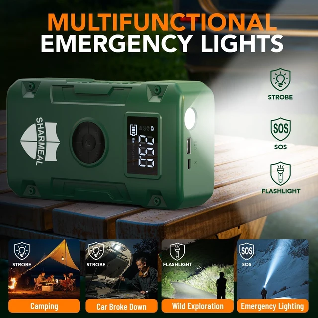 Alt view image 5 of 7 - Sharmeal Jump Starter 7000A, 12V Car Battery Jump Starter with Air Compressor (Up to All Gas or 12.0L Diesel Engine), Battery Booster with 3 Modes Flashlight and Jumper Cable