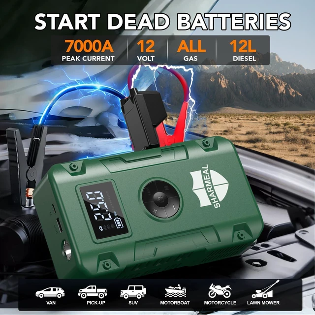 Alt view image 2 of 7 - Sharmeal Jump Starter 7000A, 12V Car Battery Jump Starter with Air Compressor (Up to All Gas or 12.0L Diesel Engine), Battery Booster with 3 Modes Flashlight and Jumper Cable