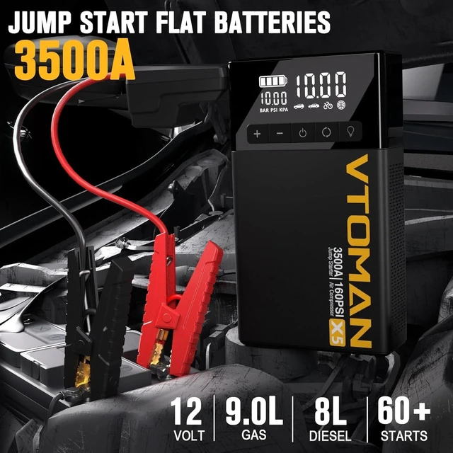 Alt view image 2 of 7 - VTOMAN X5 Jump Starter with Air Compressor, 3500A with Type-C Quick Charge | Car Jump Starter, Battery Booster, Up to 9L Gas/8L Diesel, 160PSI Digital Tire Inflator, 12V Lithium Battery, Jump box