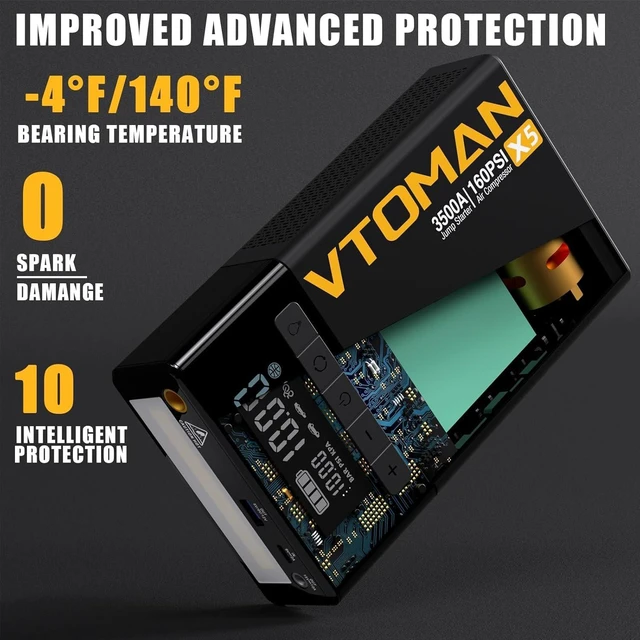 Alt view image 6 of 7 - VTOMAN X5 Jump Starter with Air Compressor, 3500A with Type-C Quick Charge | Car Jump Starter, Battery Booster, Up to 9L Gas/8L Diesel, 160PSI Digital Tire Inflator, 12V Lithium Battery, Jump box