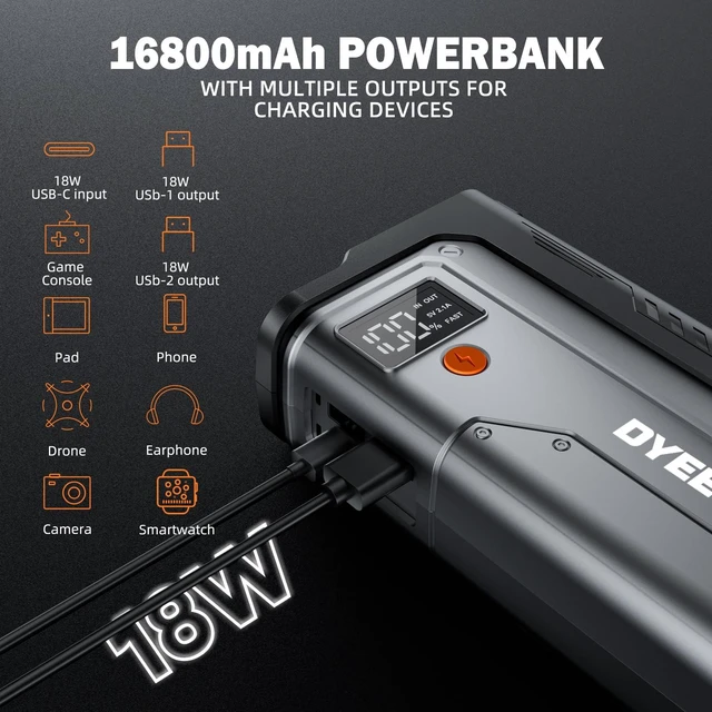 Alt view image 4 of 7 - Dyeetic 6000A Car Jump Starter for 10.0L Gas & 8.0L Diesel, 800LM LED Light | Car Starter Smart Jumper Cables, Car Battery Booster Pack Power Bank, USB QC3.0,Jump Box,Battery Booster Power Pack