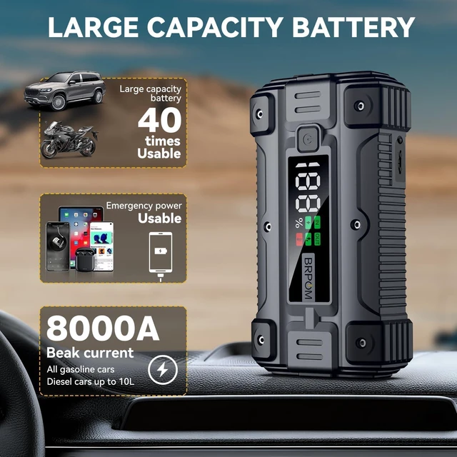 Alt view image 2 of 7 - Car Jump Starter, 8000A Peak (Up to All Gas or 10.0L Diesel Engine, 50 Times) 12V Auto Booster Battery Charger Jump Box with Quick Charger Smart Jump Cables with LED Screen
