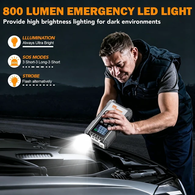 Alt view image 6 of 7 - 6000A Jump Starter with Air Compressor 160PSI 12V for All Gas/10L Diesel | Portable Car Battery Fast Charge Jump Starter, Jump Box with 3 Modes Flashlight and Jumper Cables Pack with Carries Case