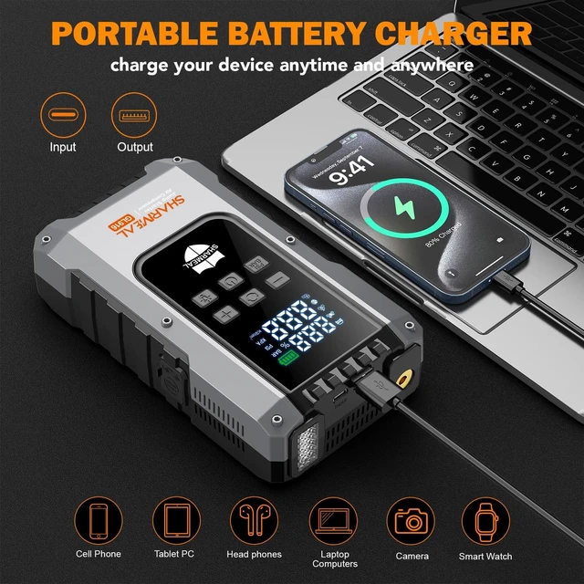 Alt view image 5 of 7 - 6000A Jump Starter with Air Compressor 160PSI 12V for All Gas/10L Diesel | Portable Car Battery Fast Charge Jump Starter, Jump Box with 3 Modes Flashlight and Jumper Cables Pack with Carries Case