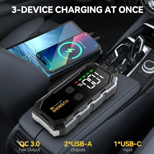 Alt view image 4 of 6 - YUSMAN Car Jump Starter, 8000A 12V Jump Battery Pack (All Gas/10.0L Diesel), Portable Jump Starter with Display, Car Jump Starter with Extended Smart Cables, Quick Charge 3.0, LED Light