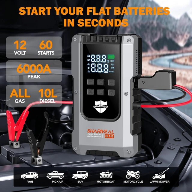 Alt view image 2 of 7 - 6000A Jump Starter with Air Compressor 160PSI 12V for All Gas/10L Diesel | Portable Car Battery Fast Charge Jump Starter, Jump Box with 3 Modes Flashlight and Jumper Cables Pack with Carries Case
