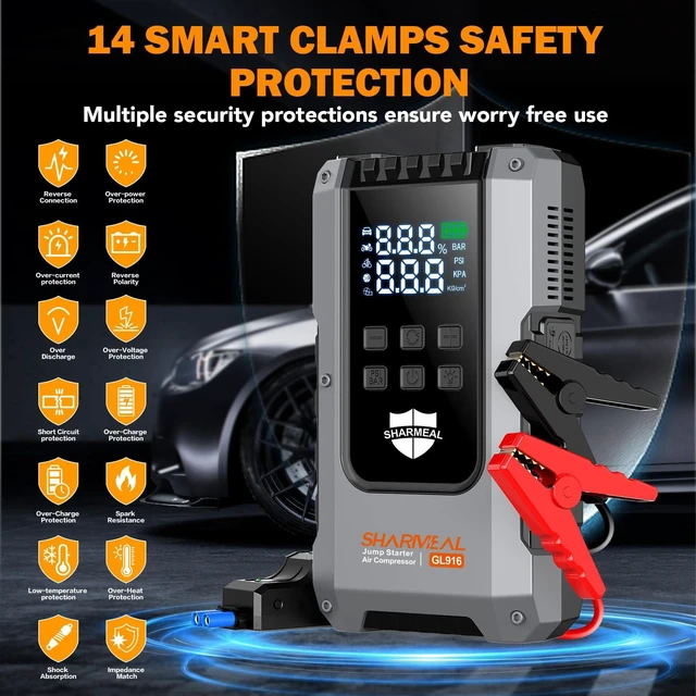 Alt view image 7 of 7 - 6000A Jump Starter with Air Compressor 160PSI 12V for All Gas/10L Diesel | Portable Car Battery Fast Charge Jump Starter, Jump Box with 3 Modes Flashlight and Jumper Cables Pack with Carries Case
