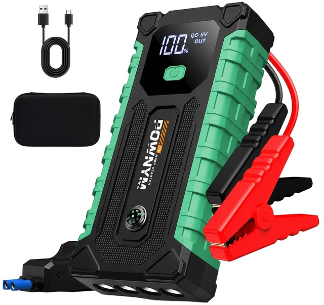 Main image of Pownym Portable Car Jump Starter, 12V Battery Booster,Jumper with USB & LED | 12L gas/6L,Compact jump starter with cables & LED light for roadside emergencies,7000A Jump Starter, with Carry Bag