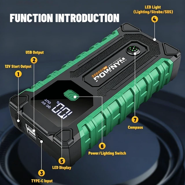 Alt view image 4 of 7 - Pownym Portable Car Jump Starter, 12V Battery Booster,Jumper with USB & LED | 12L gas/6L,Compact jump starter with cables & LED light for roadside emergencies,7000A Jump Starter, with Carry Bag