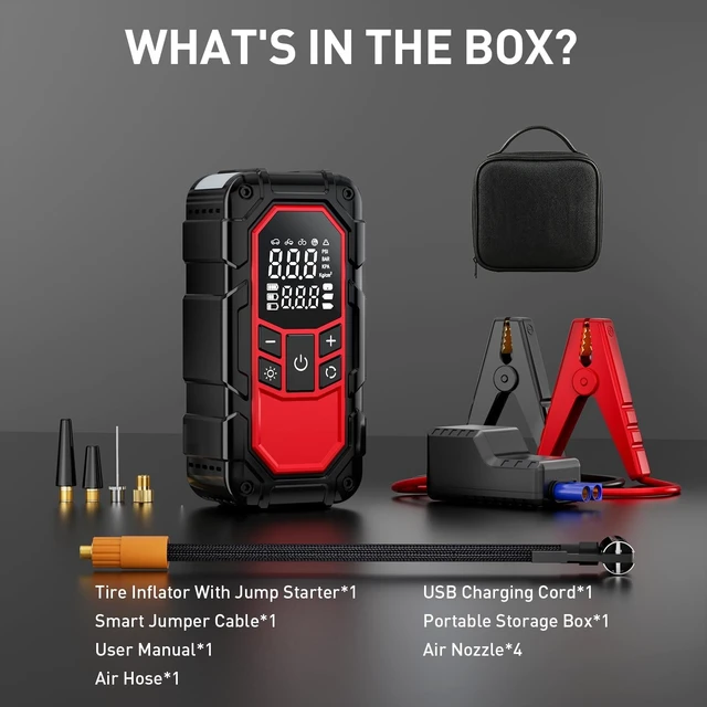 Alt view image 6 of 7 - Jump Starter with Air Compressor,Car Battery Jump Starter (9.0 Gasoline/6.5L Diesel) with 150PSI Digital tire inflator Portable,12V Power Pack Car Jump Box Charger with LCD Display, Lights